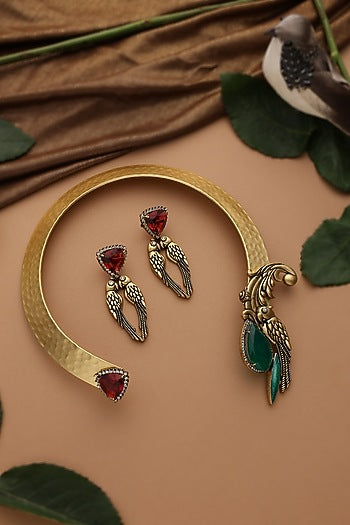Gold Finish Emerald & Ruby Stone Hasli Necklace Set
