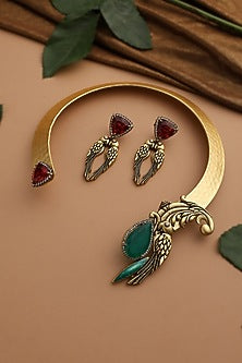 Gold Finish Emerald & Ruby Stone Hasli Necklace Set