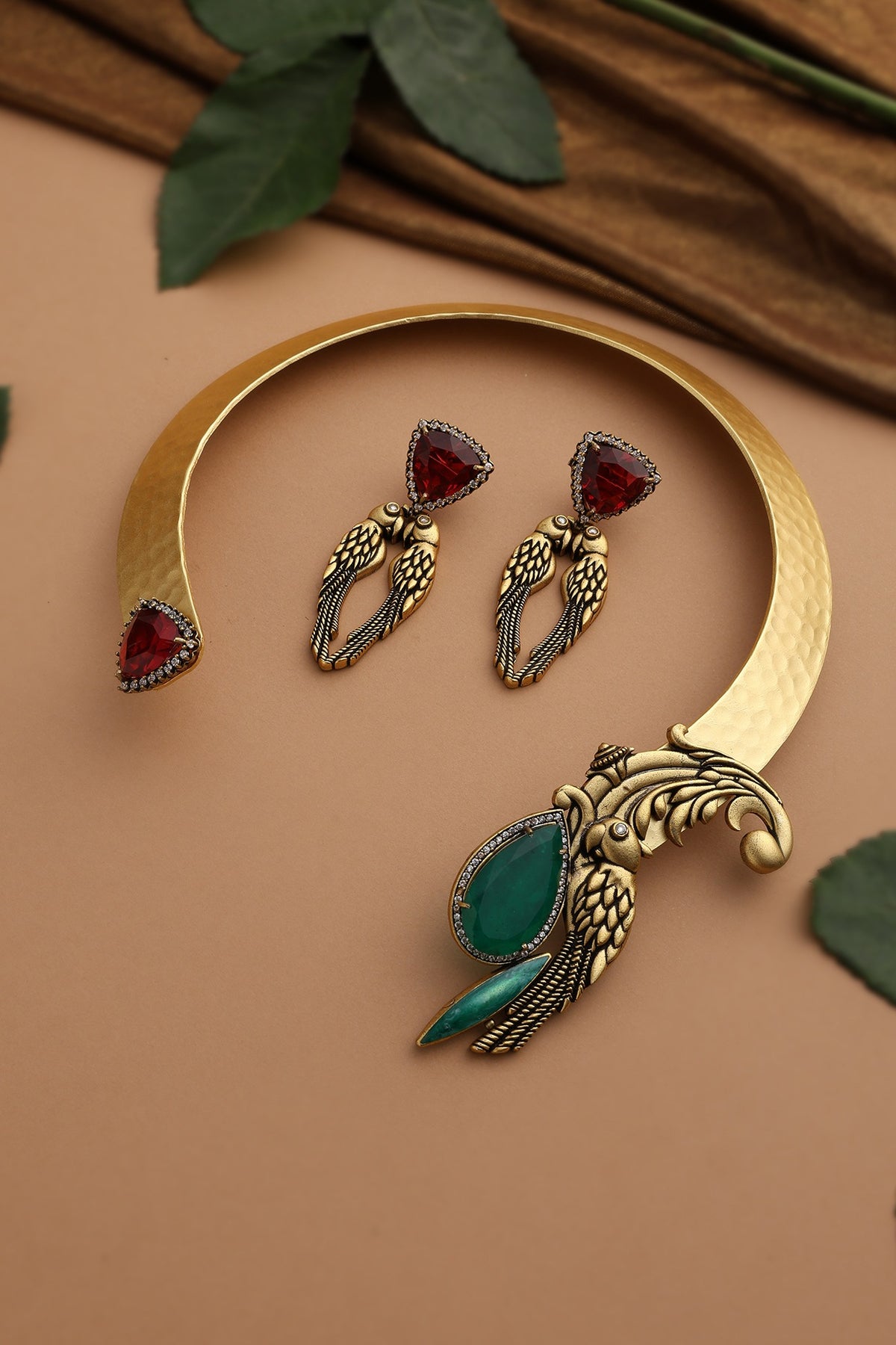 Gold Finish Emerald & Ruby Stone Hasli Necklace Set
