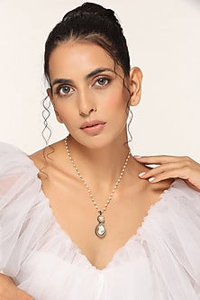 Black Rhodium Finish Grey Kundan Polki Pendant Necklace