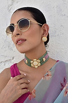 Gold Finish Multi-Colored Kundan Polki Choker Necklace Set