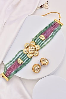 Gold Finish Multi-Colored Kundan Polki Choker Necklace Set