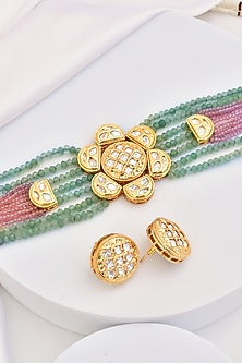 Gold Finish Multi-Colored Kundan Polki Choker Necklace Set