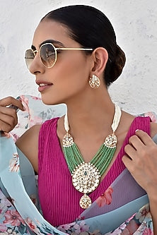Gold Finish Kundan Polki Layered Necklace Set