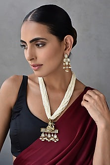 Gold Finish Kundan Polki & Pearl Long Necklace Set