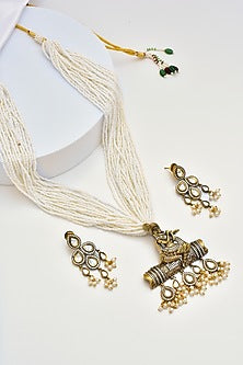 Gold Finish Kundan Polki & Pearl Long Necklace Set