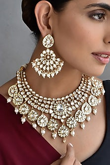 Rose Gold Finish Kundan Polki Necklace Set