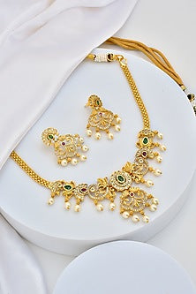Gold Finish Kundan Polki & Jadau Necklace Set