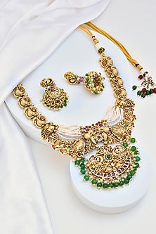 Gold Finish Pearl Temple Necklace Set