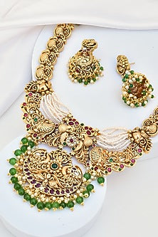 Gold Finish Pearl Temple Necklace Set