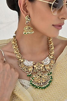 Gold Finish Pearl Temple Necklace Set