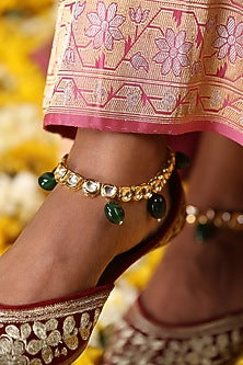 Gold Finish Green Kundan Polki Handcrafted Anklets