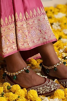 Gold Finish Green Kundan Polki Handcrafted Anklets