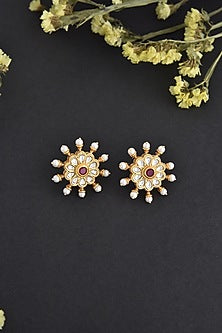 Gold Finish Red Kundan Polki Handcrafted Stud Earrings