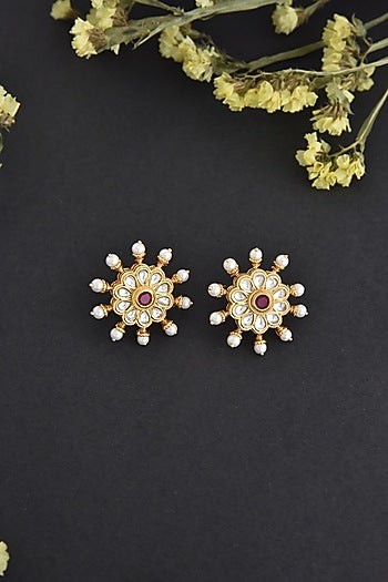 Gold Finish Red Kundan Polki Handcrafted Stud Earrings