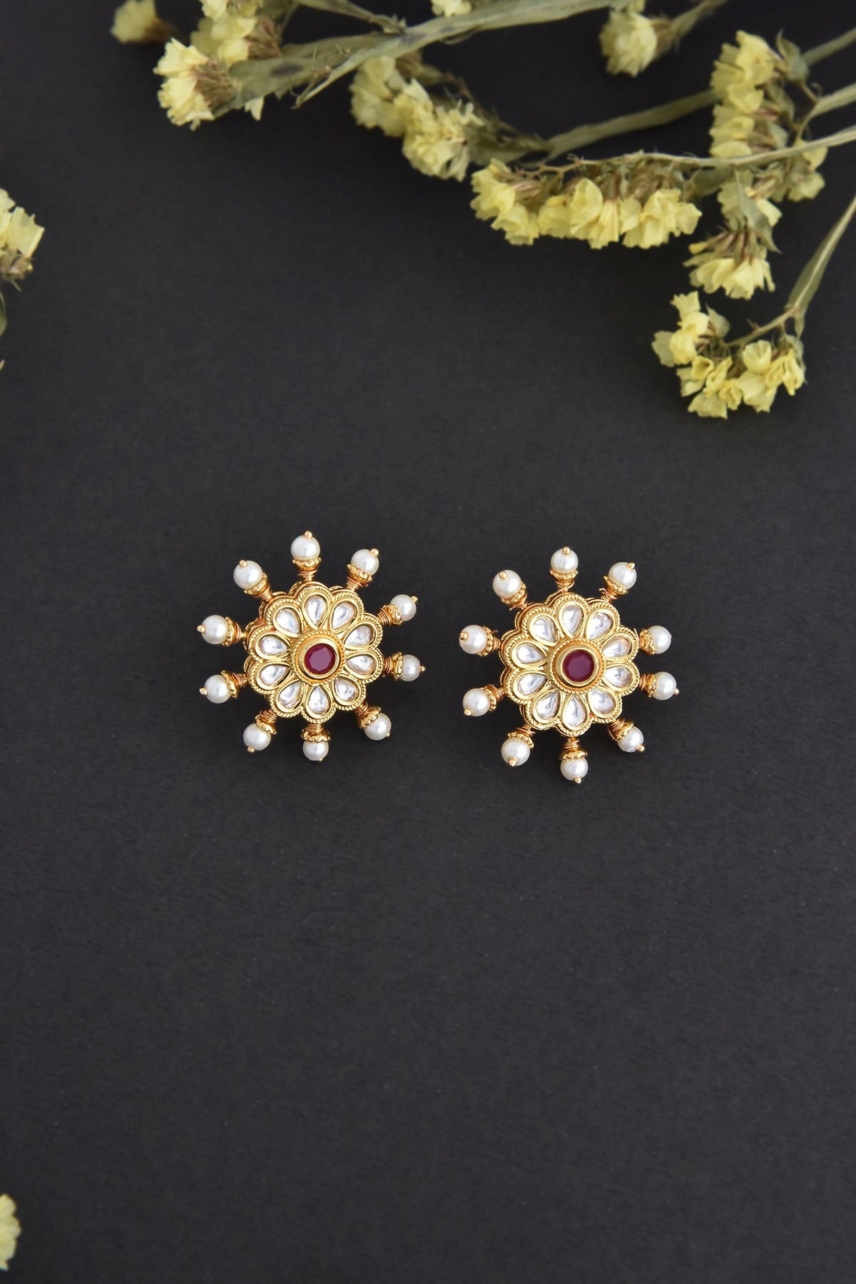 Gold Finish Red Kundan Polki Handcrafted Stud Earrings