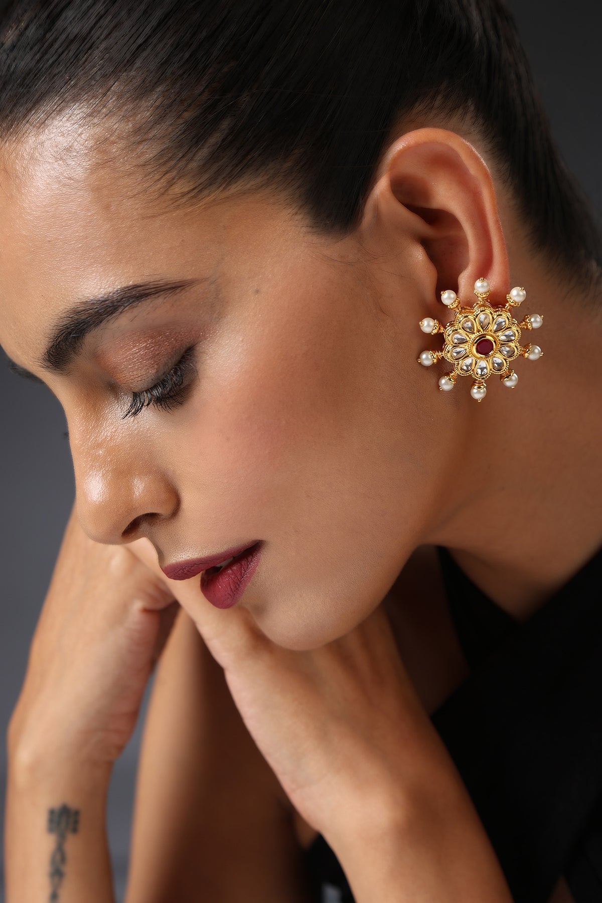 Gold Finish Red Kundan Polki Handcrafted Stud Earrings