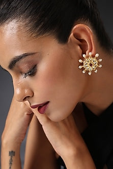 Gold Finish Red Kundan Polki Handcrafted Stud Earrings