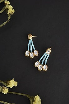 Gold Finish Blue Kundan Polki Handcrafted Dangler Earrings