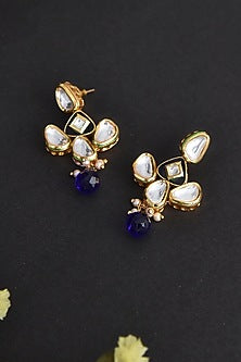 Gold Finish Blue Kundan Polki Handcrafted Dangler Earrings