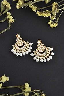 Gold Finish Kundan Polki & Pearl Handcrafted Chandbali Earrings