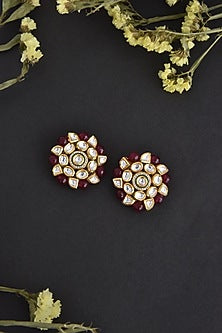 Gold Finish Red Kundan Polki Handcrafted Stud Earrings