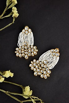Gold Finish White Kundan Polki & Pearl Handcrafted Dangler Earrings