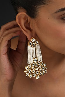 Gold Finish White Kundan Polki & Pearl Handcrafted Dangler Earrings