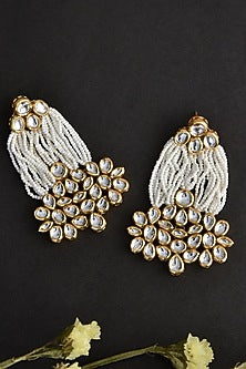 Gold Finish White Kundan Polki & Pearl Handcrafted Dangler Earrings