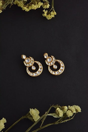 Gold Finish Kundan Polki Handcrafted Chandbali Earrings