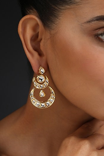Gold Finish Kundan Polki Handcrafted Chandbali Earrings
