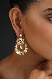 Gold Finish Kundan Polki Handcrafted Chandbali Earrings