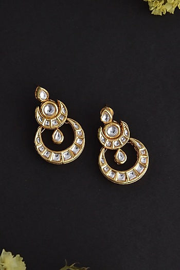 Gold Finish Kundan Polki Handcrafted Chandbali Earrings
