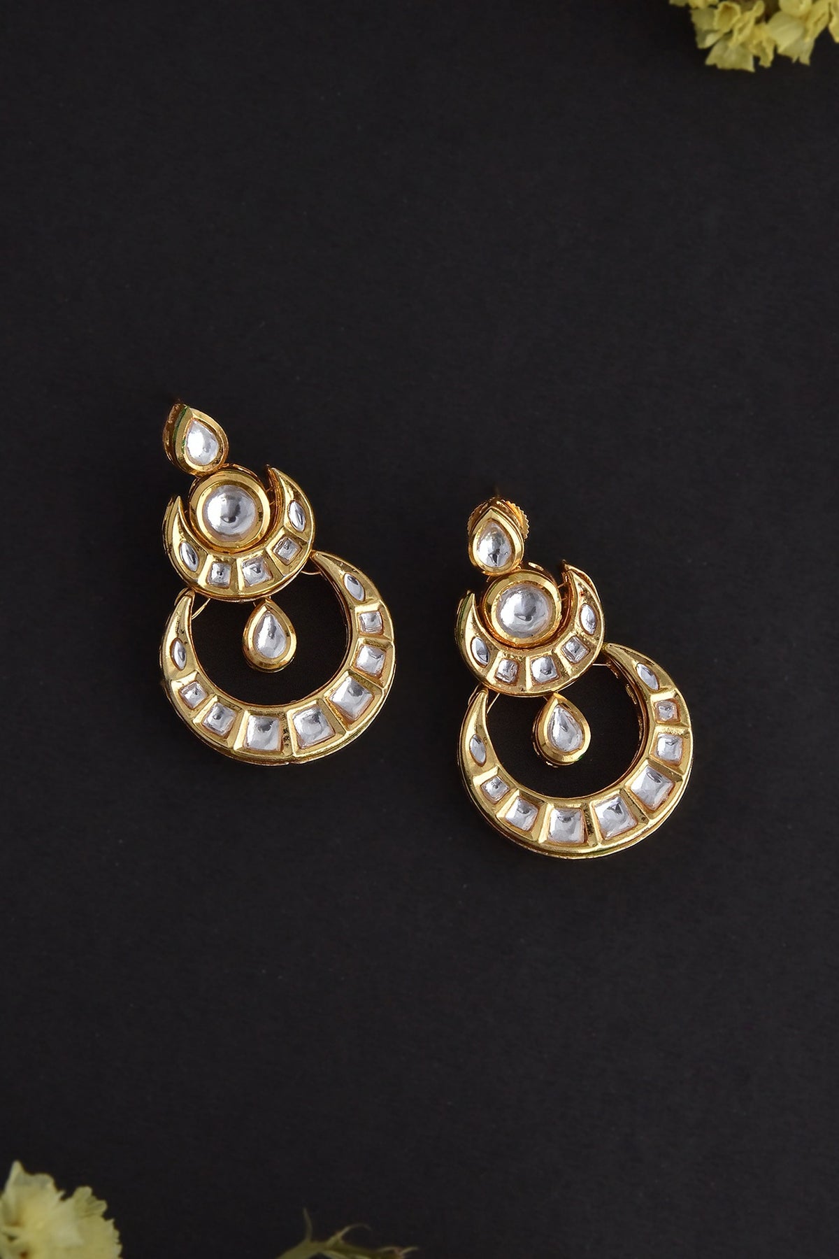 Gold Finish Kundan Polki Handcrafted Chandbali Earrings