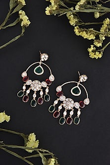 Rose Gold Finish Red & Green Kundan Polki Handcrafted Dangler Earrings