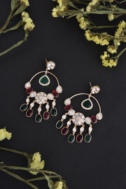 Rose Gold Finish Red & Green Kundan Polki Handcrafted Dangler Earrings