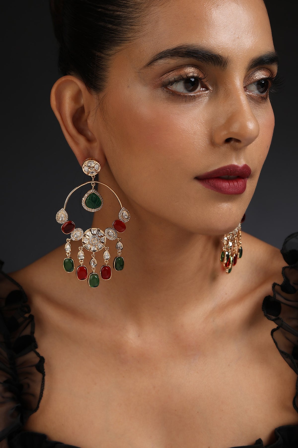 Rose Gold Finish Red & Green Kundan Polki Handcrafted Dangler Earrings