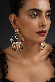 Rose Gold Finish Red & Green Kundan Polki Handcrafted Dangler Earrings