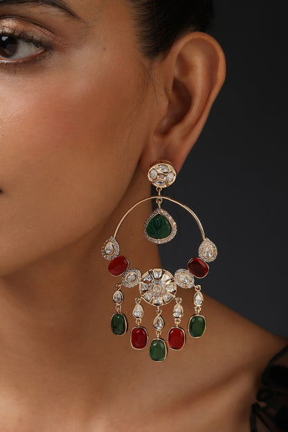 Rose Gold Finish Red & Green Kundan Polki Handcrafted Dangler Earrings