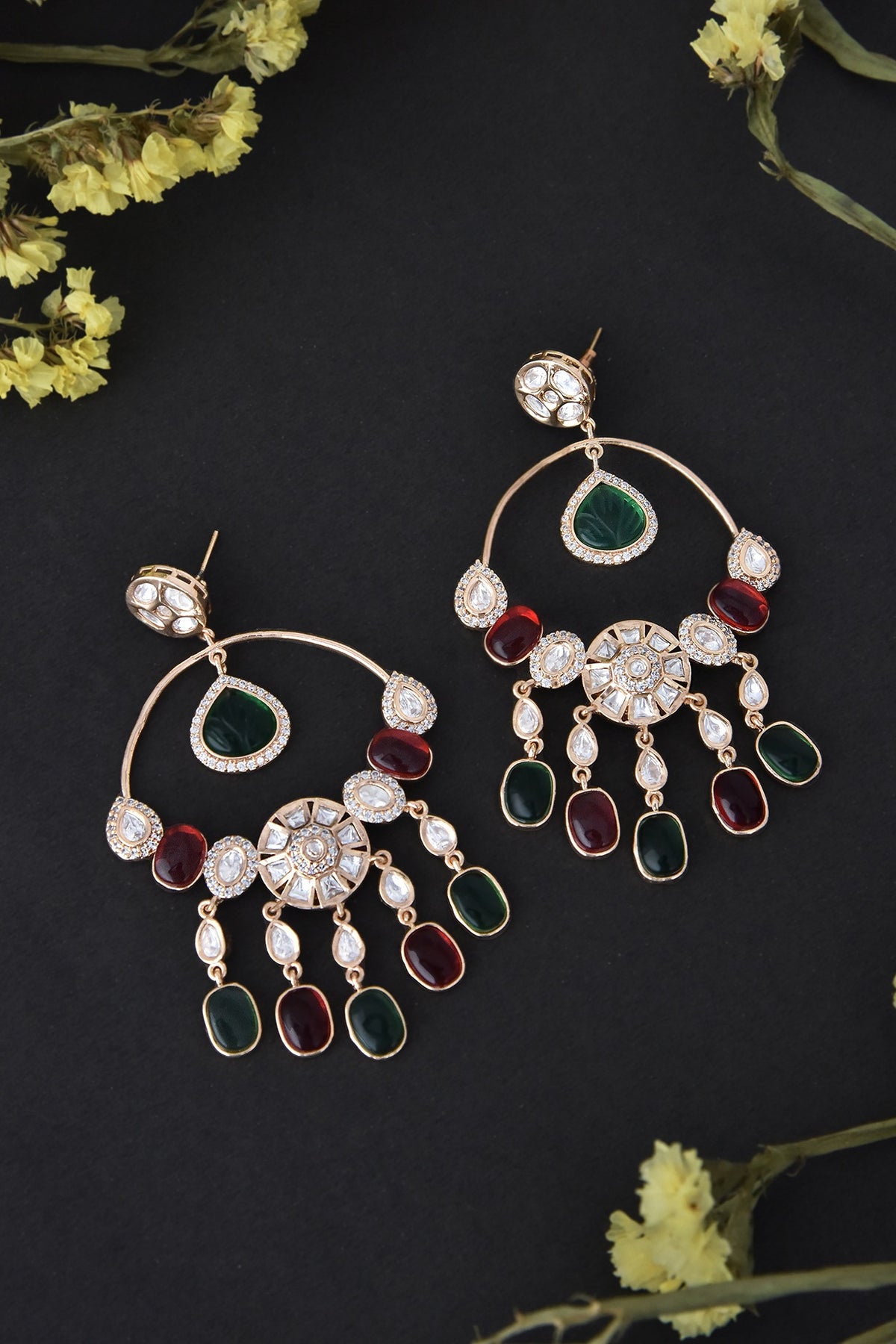 Rose Gold Finish Red & Green Kundan Polki Handcrafted Dangler Earrings