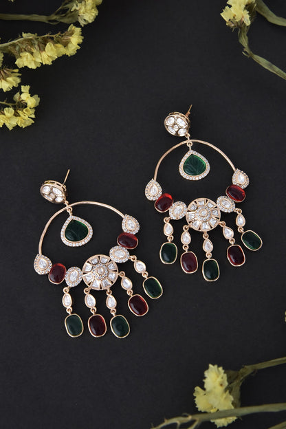 Rose Gold Finish Red & Green Kundan Polki Handcrafted Dangler Earrings