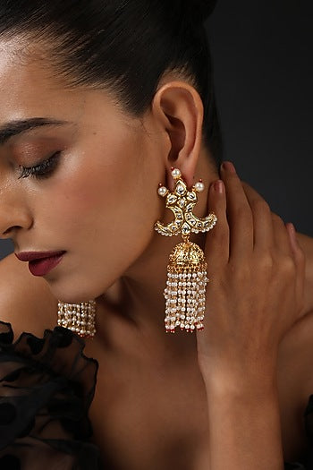 Gold Finish Kundan Polki Handcrafted Jhumka Earrings