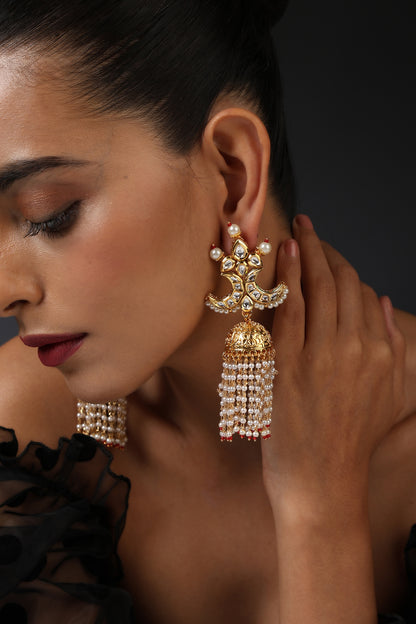 Gold Finish Kundan Polki Handcrafted Jhumka Earrings