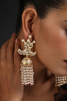 Gold Finish Kundan Polki Handcrafted Jhumka Earrings