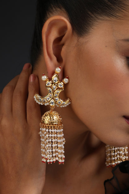 Gold Finish Kundan Polki Handcrafted Jhumka Earrings