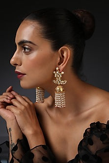 Gold Finish Kundan Polki Handcrafted Jhumka Earrings