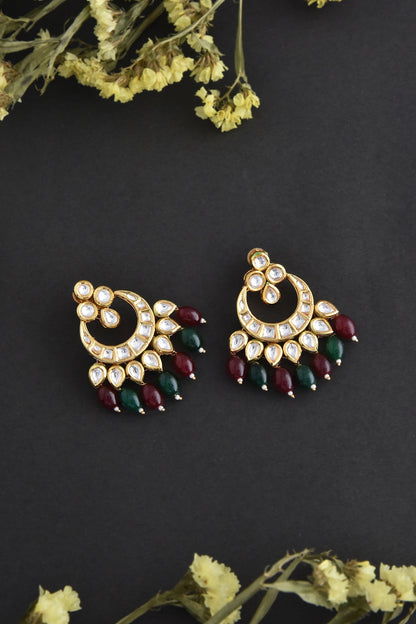 Gold Finish Kundan Polki Handcrafted Chandbali Earrings