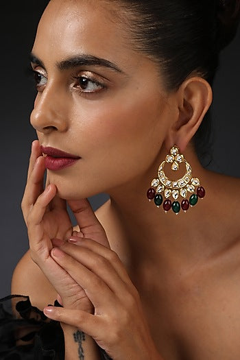 Gold Finish Kundan Polki Handcrafted Chandbali Earrings