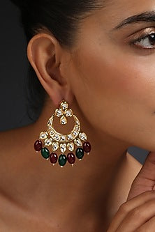 Gold Finish Kundan Polki Handcrafted Chandbali Earrings