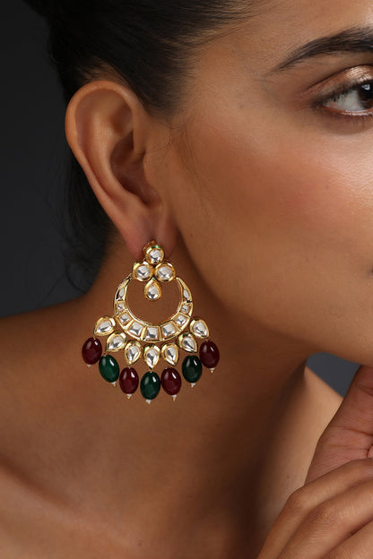 Gold Finish Kundan Polki Handcrafted Chandbali Earrings